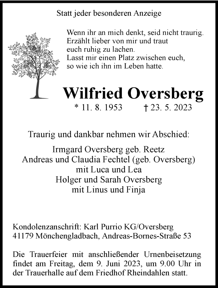  Traueranzeige für Wilfried Oversberg vom 04.06.2023 aus trauer.extra-tipp-moenchengladbach.de