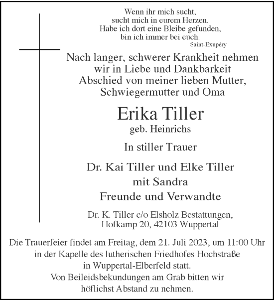 Traueranzeige von Erika Tiller von trauer.wuppertaler-rundschau.de