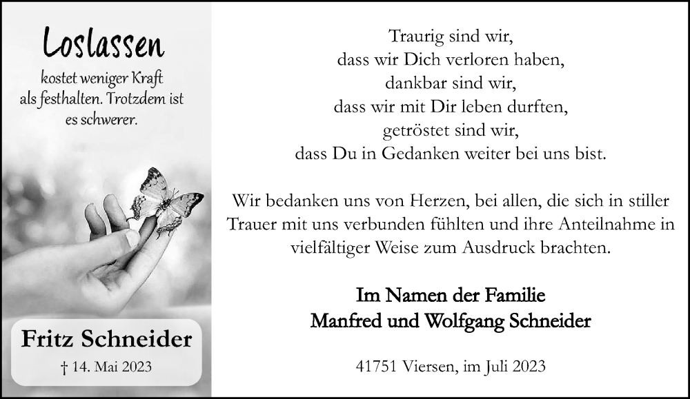  Traueranzeige für Fritz Schneider vom 30.07.2023 aus trauer.extra-tipp-moenchengladbach.de