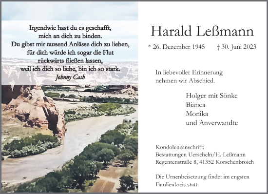 Traueranzeige von Harald Leßmann von trauer.extra-tipp-moenchengladbach.de