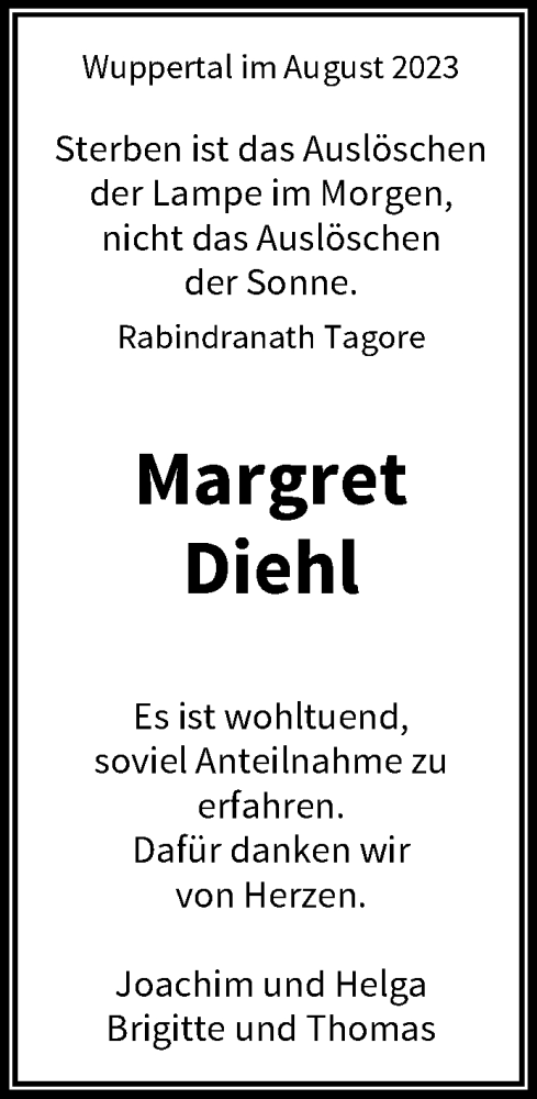 Traueranzeige von Margret Diehl von trauer.wuppertaler-rundschau.de