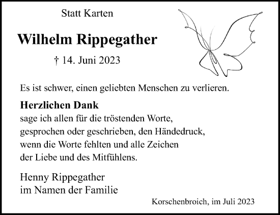 Traueranzeige von Wilhelm Rippegather von trauer.extra-tipp-moenchengladbach.de