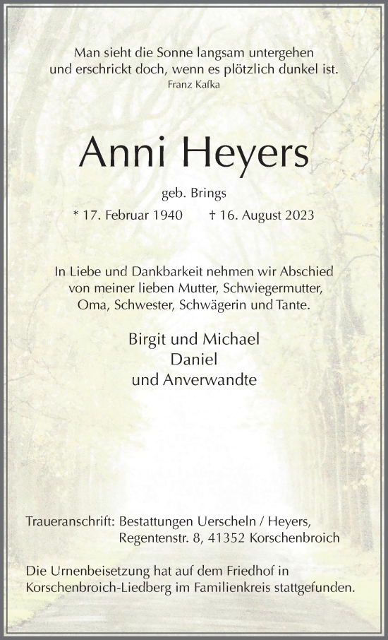 Traueranzeige von Anni Heyers von trauer.extra-tipp-moenchengladbach.de