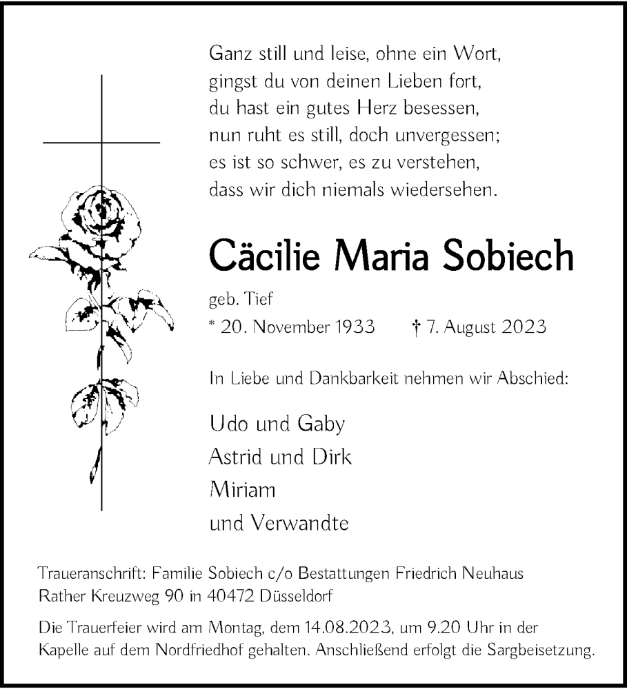  Traueranzeige für Cäcilie Maria Sobiech vom 11.08.2023 aus trauer.duesseldorfer-anzeiger.de