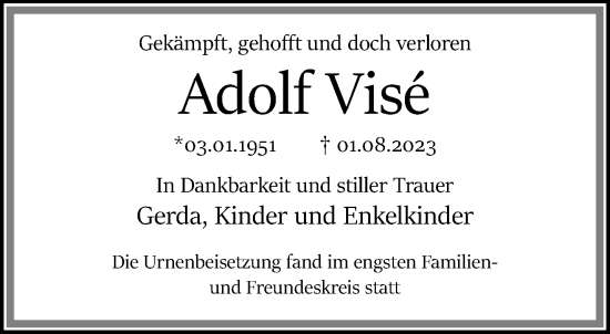 Traueranzeige von Adolf Vise von trauer.extra-tipp-moenchengladbach.de
