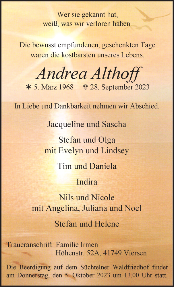  Traueranzeige für Andrea Althoff vom 01.10.2023 aus trauer.extra-tipp-moenchengladbach.de