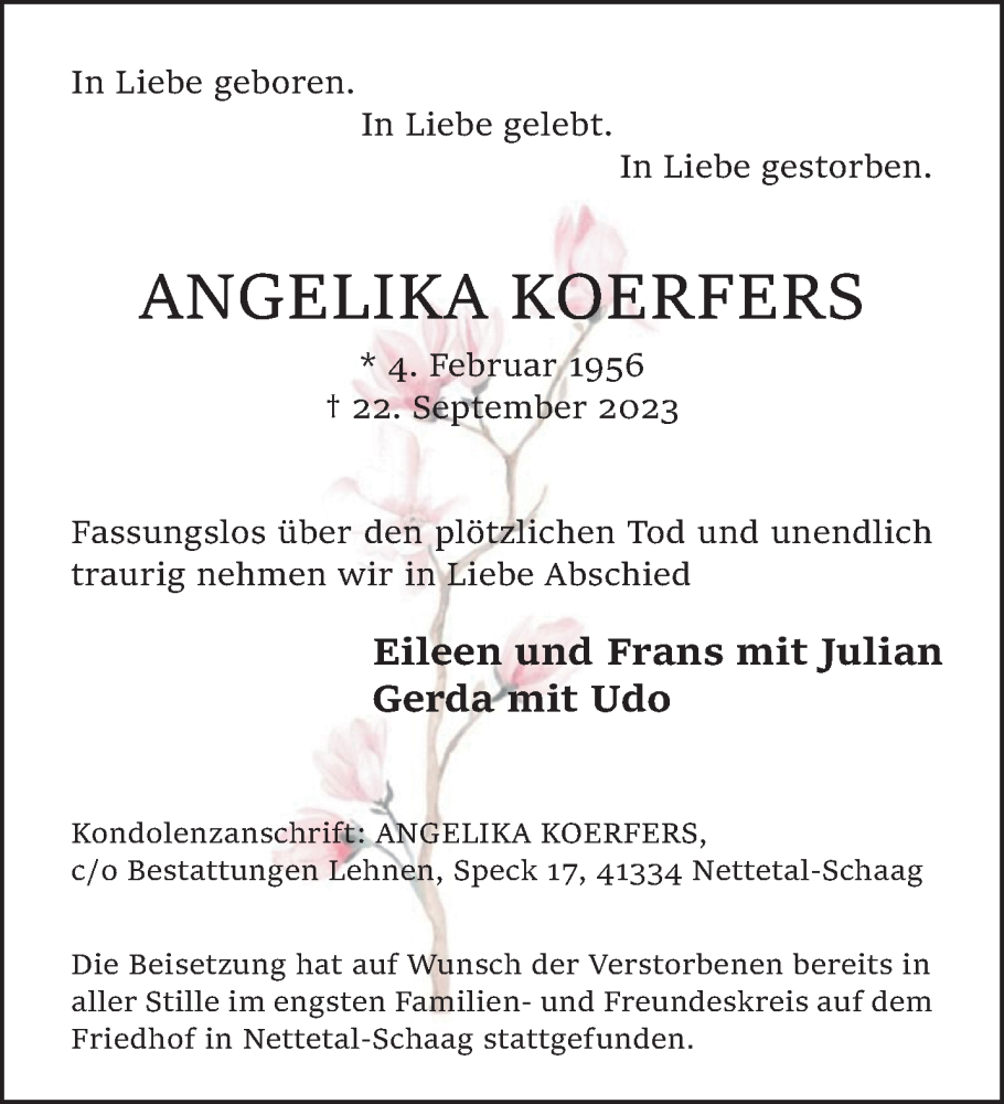  Traueranzeige für Angelika Koerfers vom 01.10.2023 aus trauer.extra-tipp-moenchengladbach.de