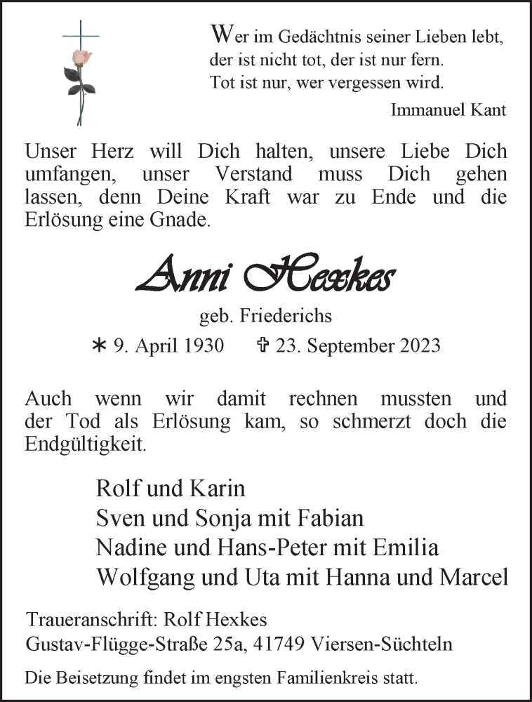  Traueranzeige für Anni Hexkes vom 01.10.2023 aus trauer.extra-tipp-moenchengladbach.de