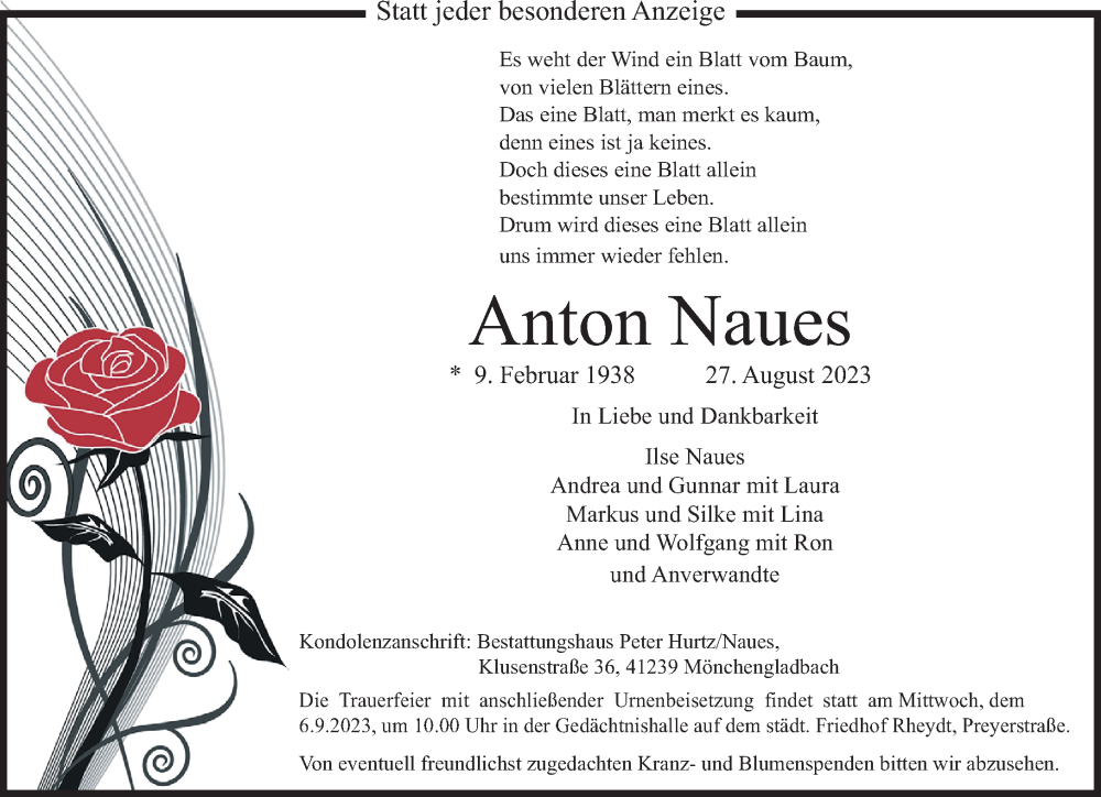  Traueranzeige für Anton Naues vom 03.09.2023 aus trauer.extra-tipp-moenchengladbach.de