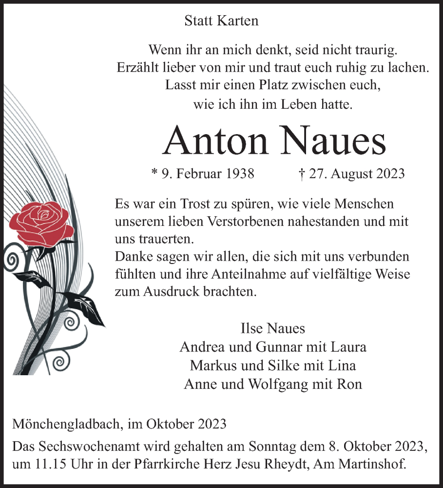  Traueranzeige für Anton Naues vom 01.10.2023 aus trauer.extra-tipp-moenchengladbach.de