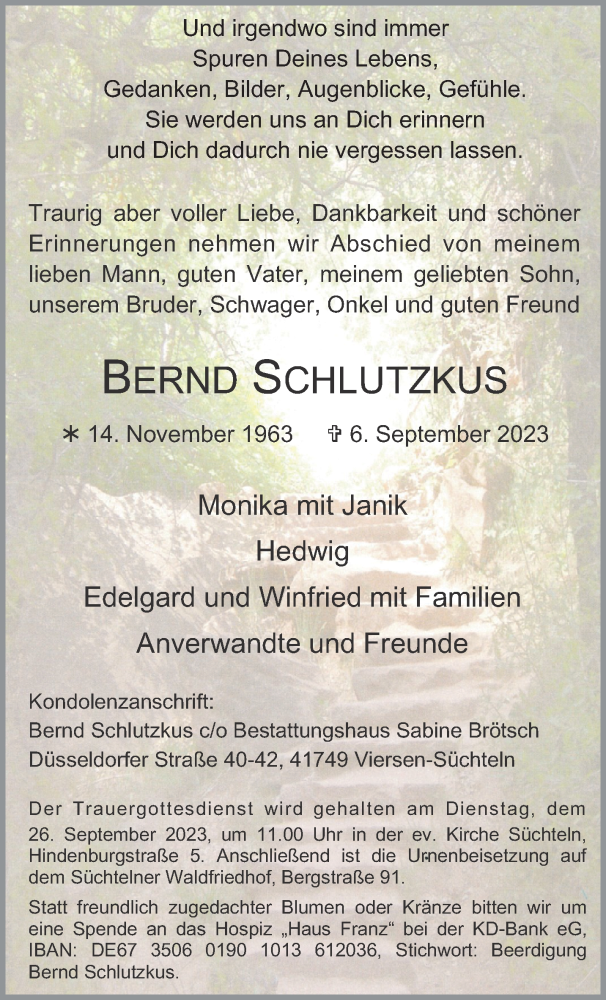  Traueranzeige für Bernd Schlutzkus vom 24.09.2023 aus trauer.extra-tipp-moenchengladbach.de