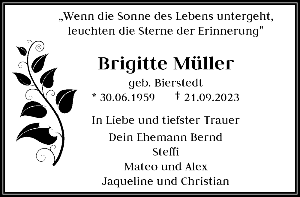  Traueranzeige für Brigitte Müller vom 30.09.2023 aus trauer.wuppertaler-rundschau.de