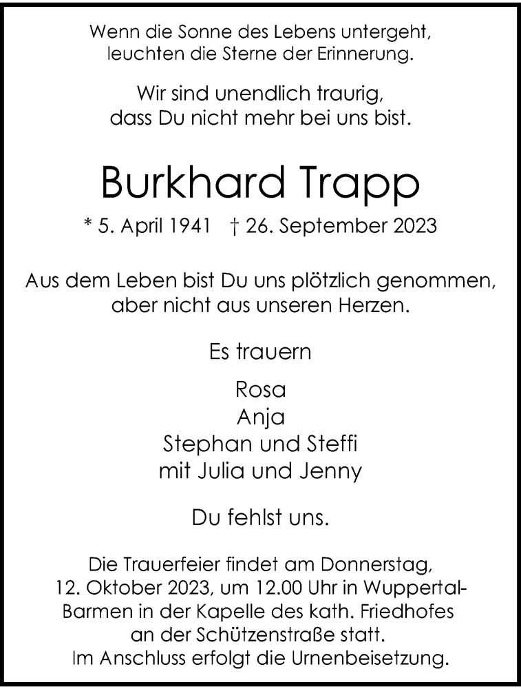  Traueranzeige für Burkhard Trapp vom 30.09.2023 aus trauer.wuppertaler-rundschau.de