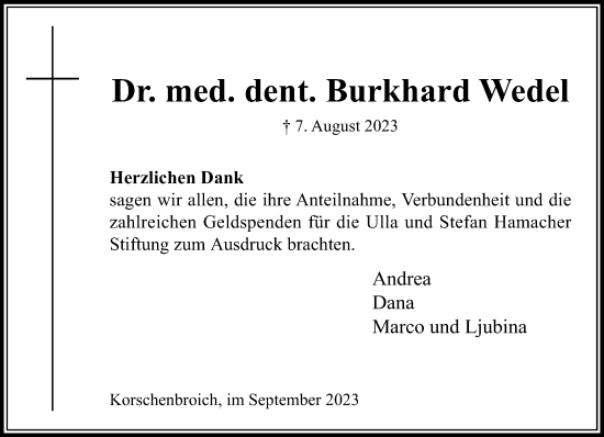 Traueranzeige von Burkhard Wedel von trauer.extra-tipp-moenchengladbach.de