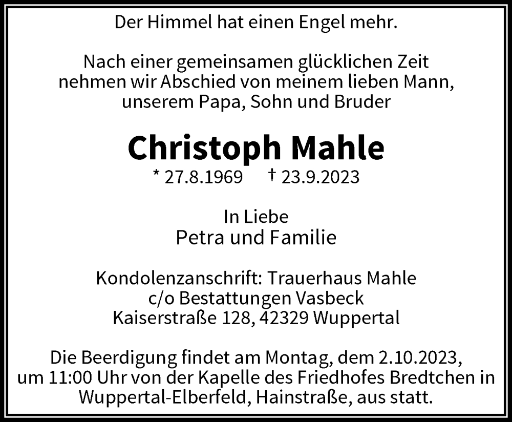  Traueranzeige für Christoph Mahle vom 30.09.2023 aus trauer.wuppertaler-rundschau.de
