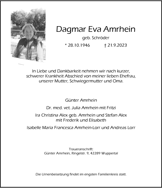 Traueranzeige von Dagmar Eva Amrhein von trauer.wuppertaler-rundschau.de
