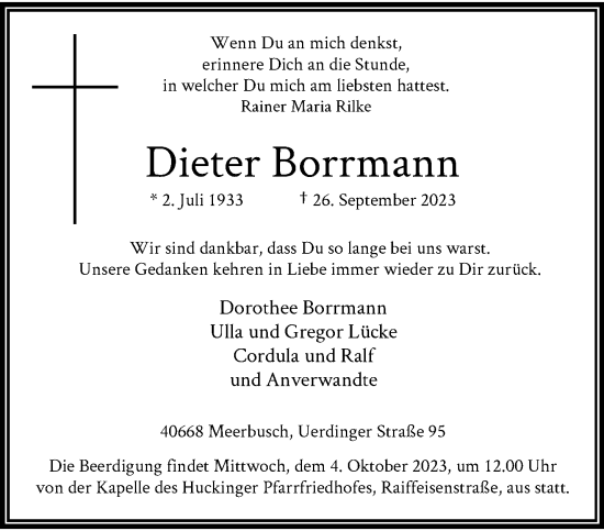 Traueranzeige von Dieter Borrmann von trauer.extra-tipp-moenchengladbach.de