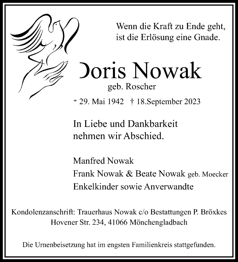  Traueranzeige für Doris Nowak vom 01.10.2023 aus trauer.extra-tipp-moenchengladbach.de