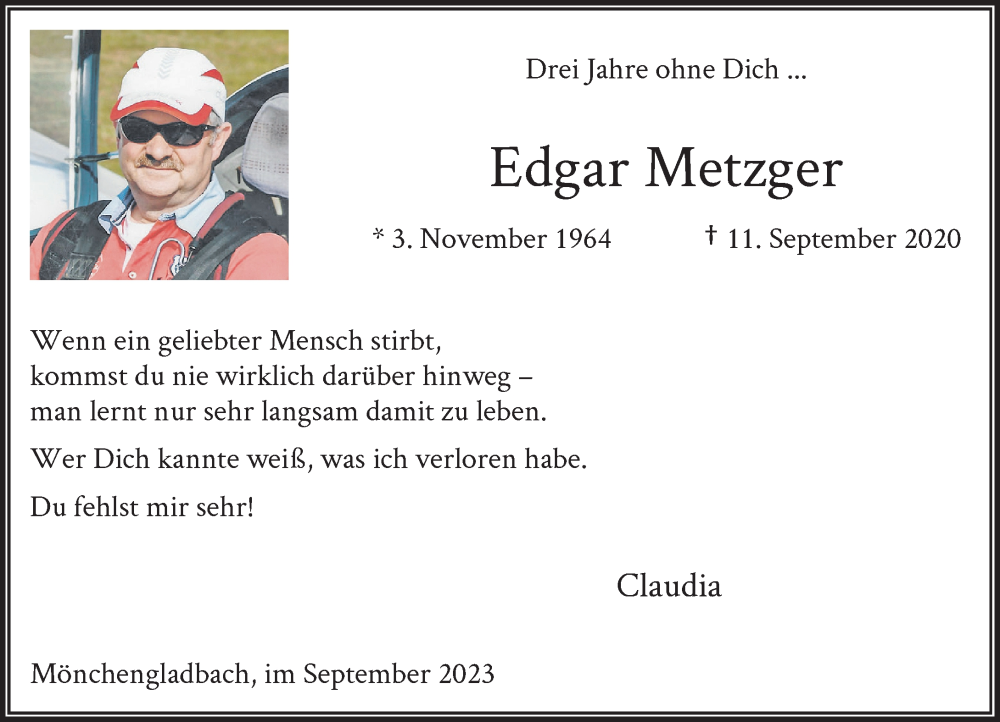  Traueranzeige für Edgar Metzger vom 10.09.2023 aus trauer.extra-tipp-moenchengladbach.de
