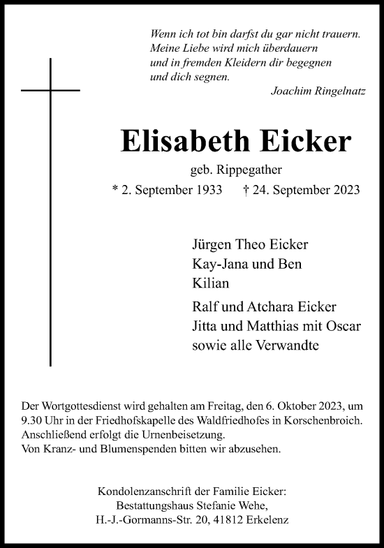 Traueranzeige von Elisabeth Eicker von trauer.extra-tipp-moenchengladbach.de