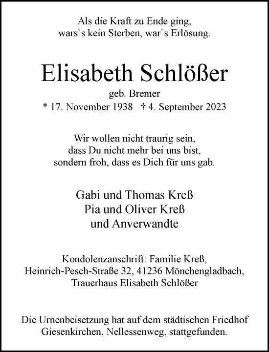 Traueranzeige von Elisabeth Schlößer von trauer.extra-tipp-moenchengladbach.de