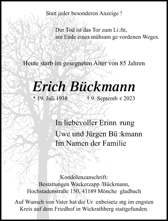 Traueranzeige von Erich Bückmann von trauer.extra-tipp-moenchengladbach.de