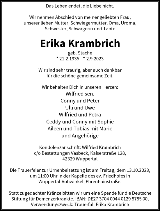 Traueranzeige von Erika Krambrich von trauer.wuppertaler-rundschau.de