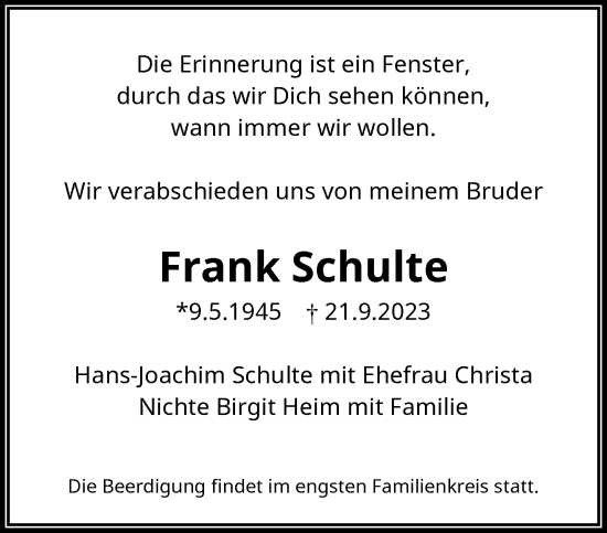 Traueranzeige von Frank Schulte von trauer.wuppertaler-rundschau.de