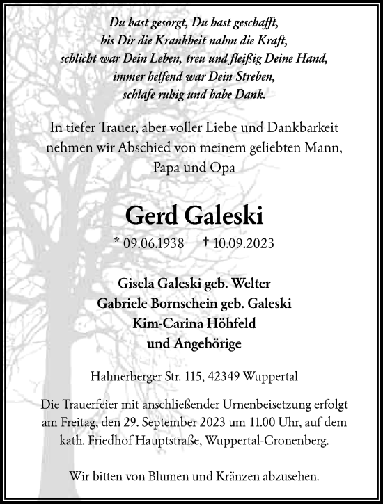 Traueranzeige von Gerd Galeski von trauer.wuppertaler-rundschau.de