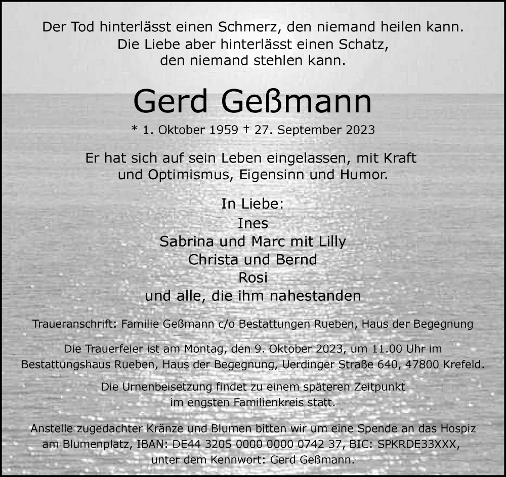  Traueranzeige für Gerd Geßmann vom 01.10.2023 aus trauer.extra-tipp-moenchengladbach.de