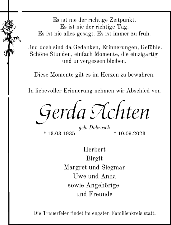 Traueranzeige von Gerda Achten von trauer.duesseldorfer-anzeiger.de