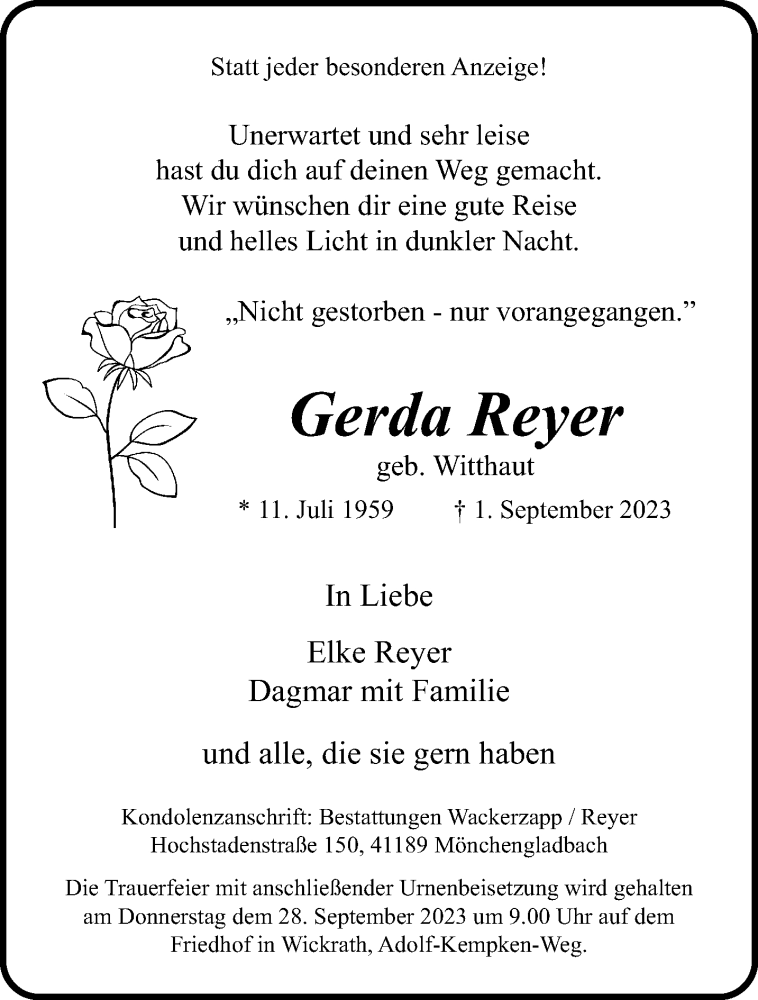  Traueranzeige für Gerda Reyer vom 24.09.2023 aus trauer.extra-tipp-moenchengladbach.de