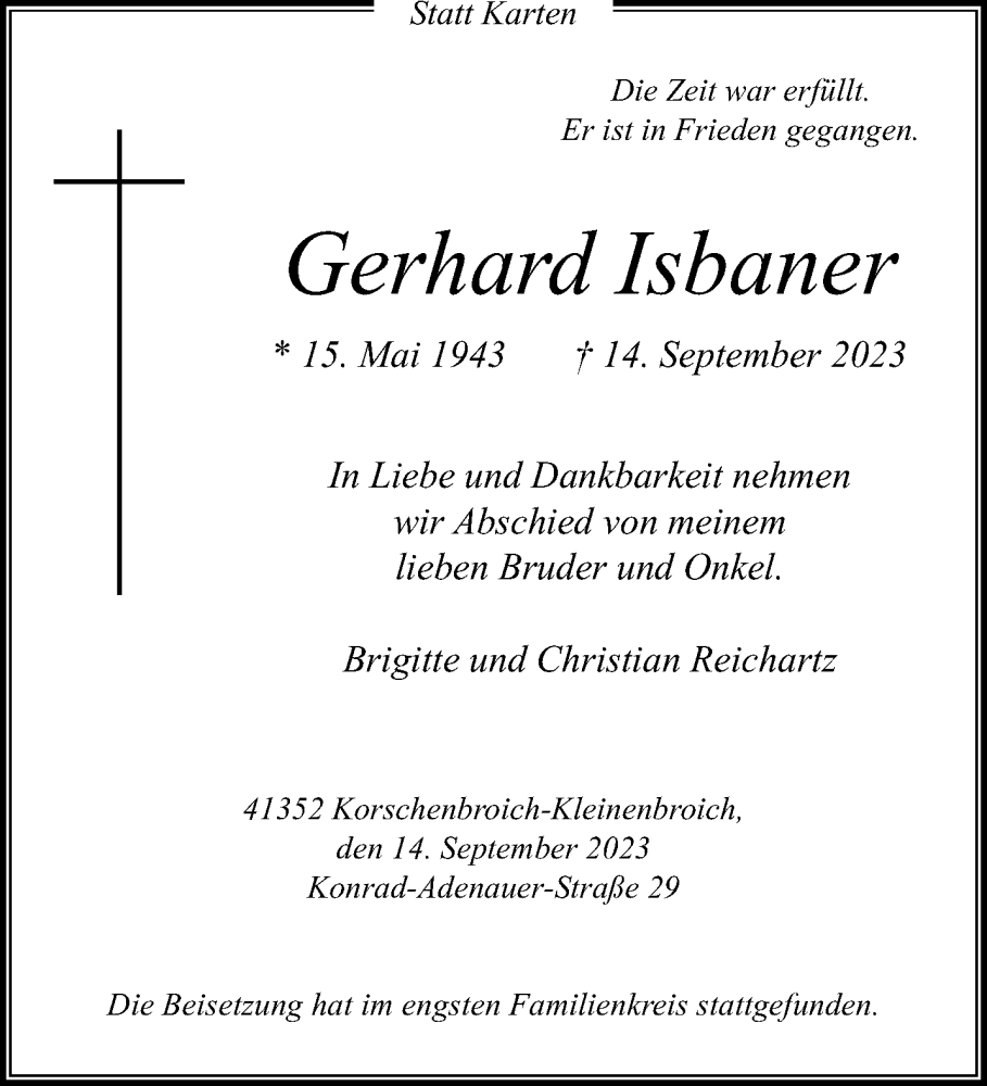  Traueranzeige für Gerhard Isbaner vom 01.10.2023 aus trauer.extra-tipp-moenchengladbach.de