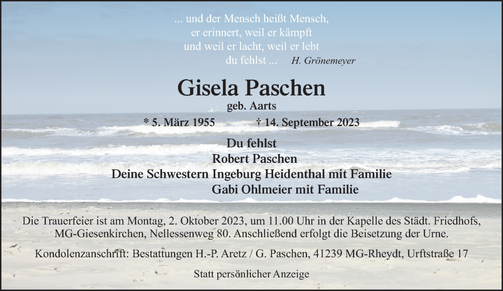  Traueranzeige für Gisela Paschen vom 24.09.2023 aus trauer.extra-tipp-moenchengladbach.de