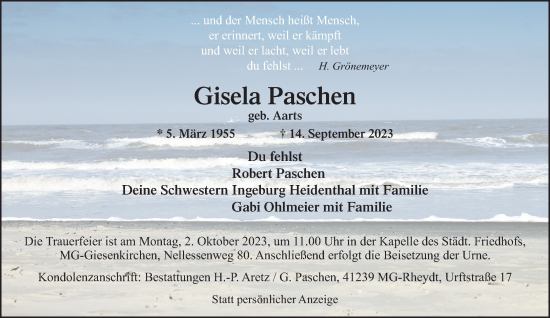 Traueranzeige von Gisela Paschen von trauer.extra-tipp-moenchengladbach.de