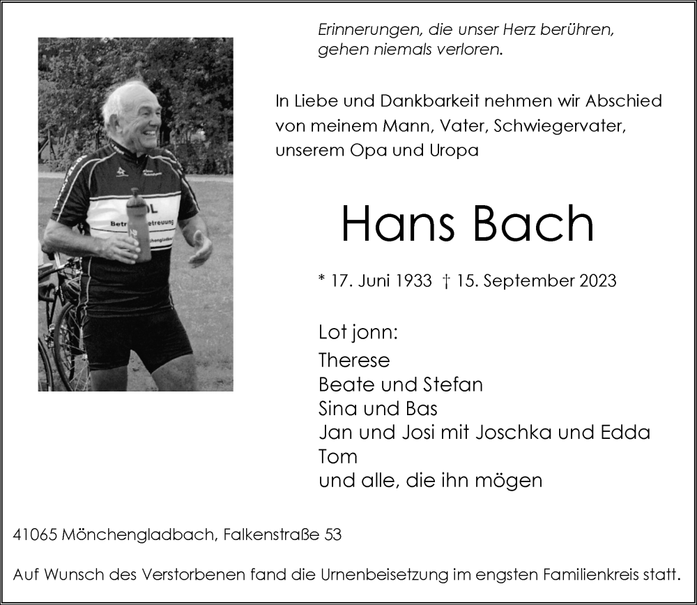  Traueranzeige für Hans Bach vom 01.10.2023 aus trauer.extra-tipp-moenchengladbach.de