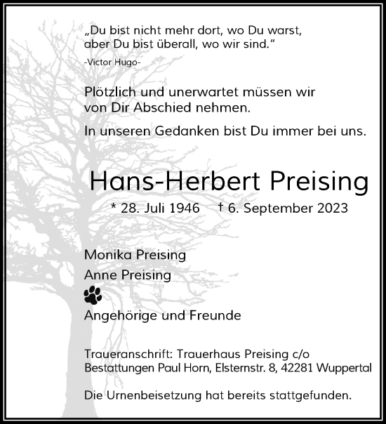 Traueranzeige von Hans-Herbert Preising von trauer.wuppertaler-rundschau.de