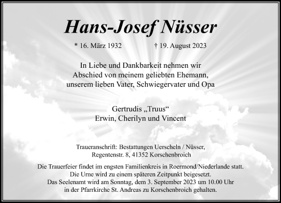 Traueranzeige von Hans-Josef Nüsser von trauer.extra-tipp-moenchengladbach.de