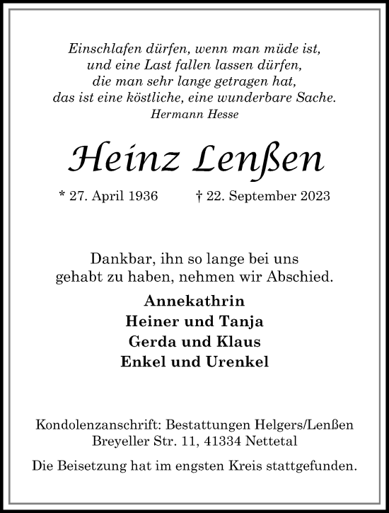 Traueranzeige von Heinz Lenßen von trauer.extra-tipp-moenchengladbach.de