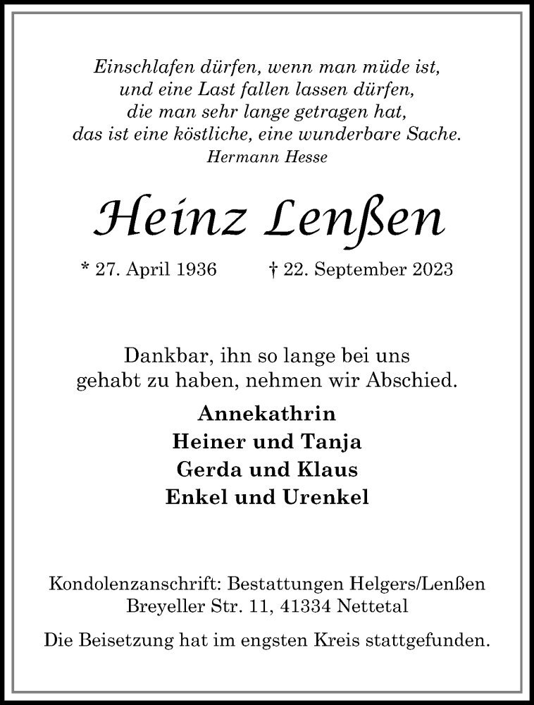  Traueranzeige für Heinz Lenßen vom 01.10.2023 aus trauer.extra-tipp-moenchengladbach.de