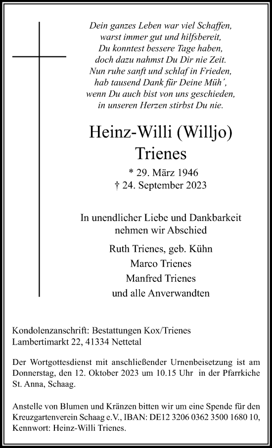 Traueranzeige von Heinz-Willi Trienes von trauer.extra-tipp-moenchengladbach.de