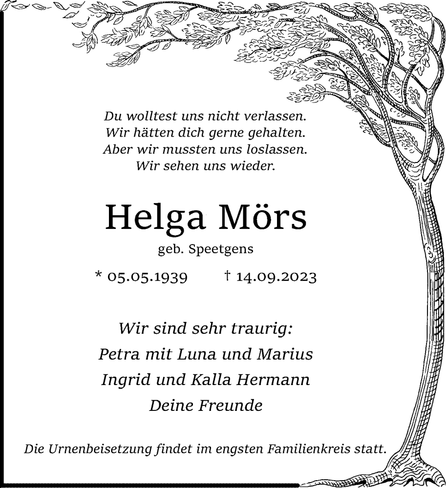  Traueranzeige für Helga Mörs vom 24.09.2023 aus trauer.extra-tipp-moenchengladbach.de