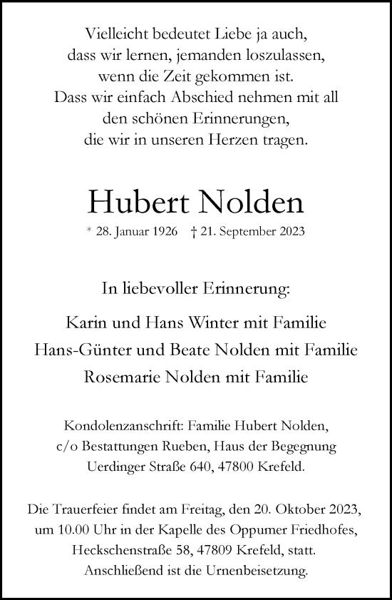 Traueranzeige von Hubert Nolden von trauer.extra-tipp-moenchengladbach.de