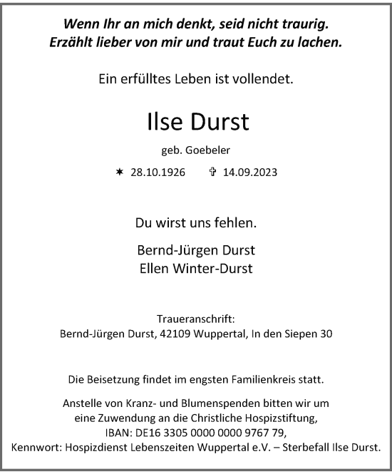 Traueranzeige von Ilse Durst von trauer.wuppertaler-rundschau.de
