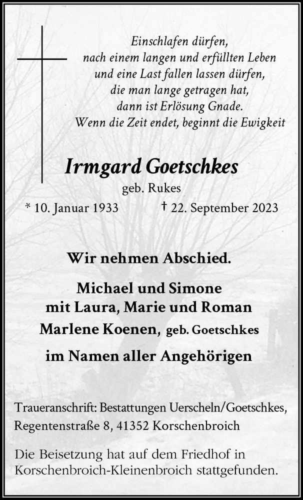  Traueranzeige für Irmgard Goetschkes vom 01.10.2023 aus trauer.extra-tipp-moenchengladbach.de