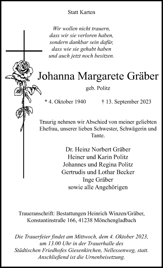 Traueranzeige von Johanna Margarete Gräber von trauer.extra-tipp-moenchengladbach.de