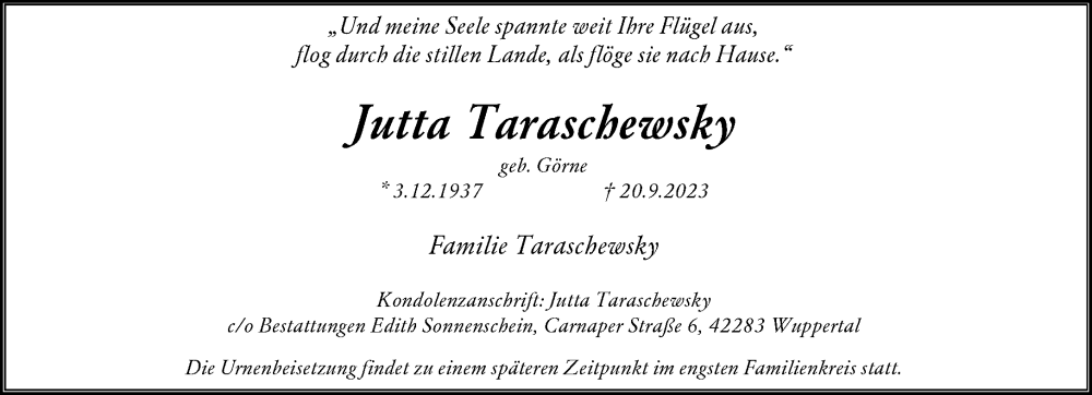  Traueranzeige für Jutta Taraschewsky vom 29.09.2023 aus trauer.duesseldorfer-anzeiger.de