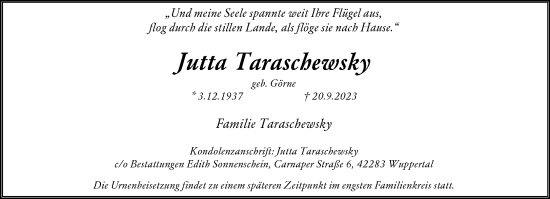 Traueranzeige von Jutta Taraschewsky von trauer.duesseldorfer-anzeiger.de