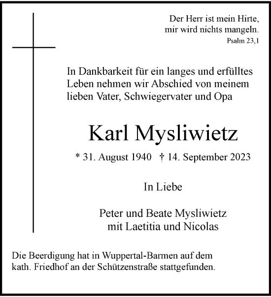 Traueranzeige von Karl Mysliwietz von trauer.wuppertaler-rundschau.de