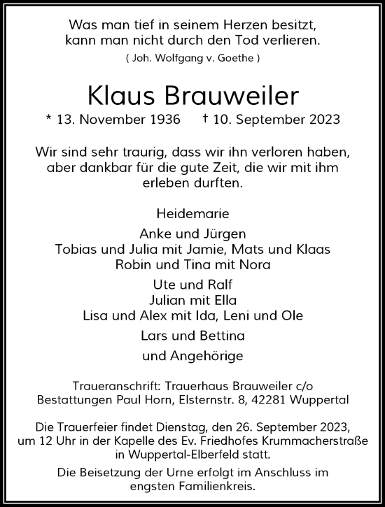 Traueranzeige von Klaus Brauweiler von trauer.wuppertaler-rundschau.de